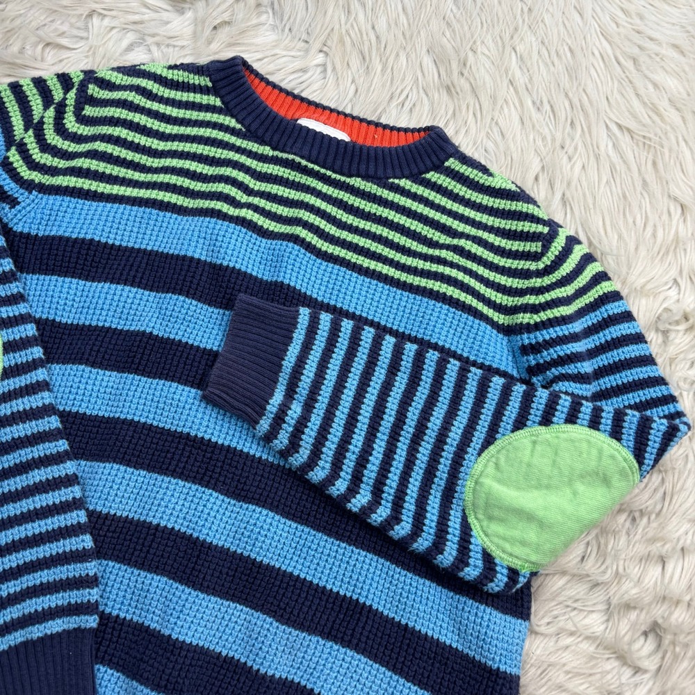 Hanna Andersson Boy's Youth 140 US 10 Mixed Stripe Sweater Green Blue Elbow Pads - Picture 2 of 6